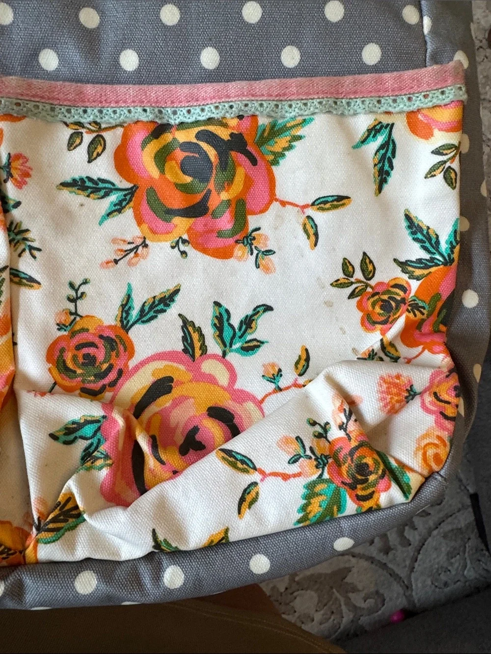 Matilda Jane Gray Polka Dot Crossbody with Turquoise Strap and Floral Pockets